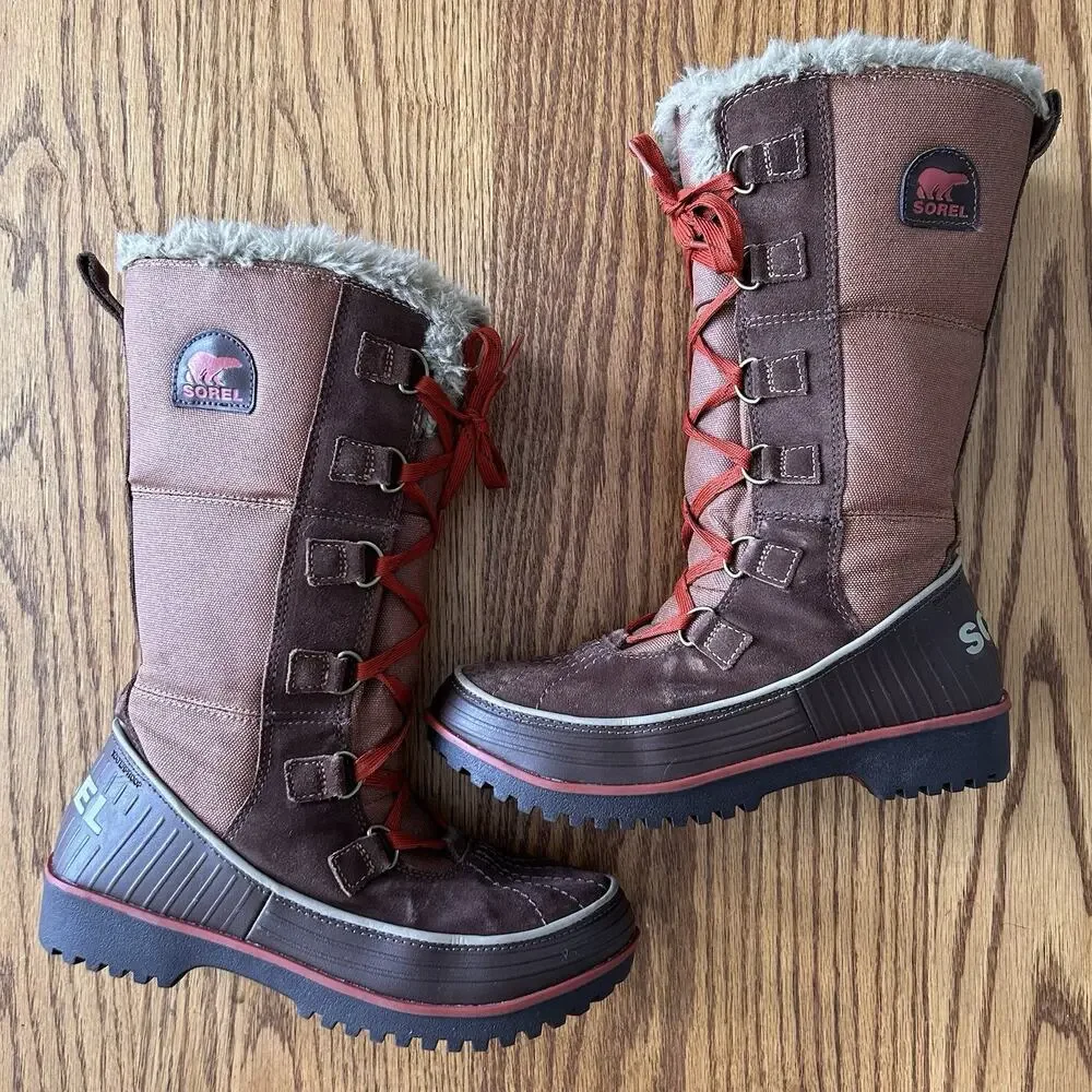 Sorel Women’s 8 Winter Snow Boots Brown Red Lace Faux Fur Tall Waterproof